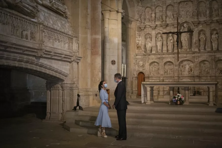 Spain’s King Felipe VI and Queen Letizia visit the Royal Monastery of Poblet (David Zorrakino/Europa Press via AP)