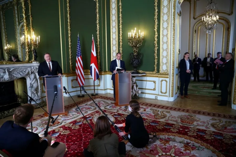 Foreign Secretary Dominic Raab and the US Secretary of State Mike Pompeo give statements at Lancaster House (Hannah McKay/PA)