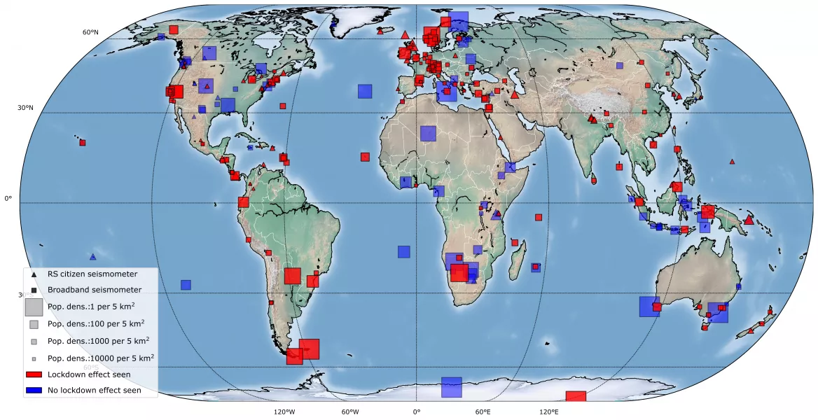 Locations of the 268 global seismic stations around the world. Lockdown effects are observed (red) at 185 out of 268 stations (Lecocqet al/Science)