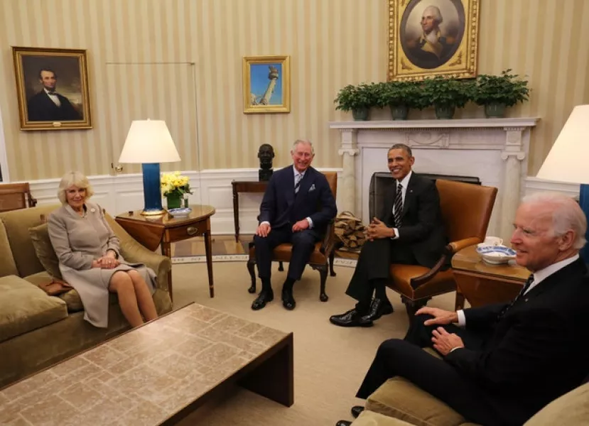 Joe Biden in the Oval Office with Barack Obama during a visit by the Prince of Wales and Duchess of Cornwall (Chris Radburn/PA)