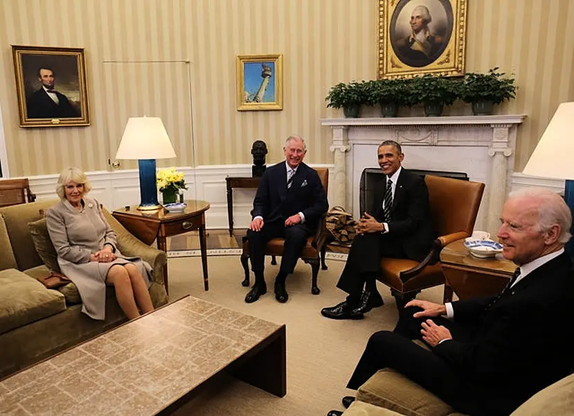 Joe Biden in the Oval Office with Barack Obama during a visit by the Prince of Wales and Duchess of Cornwall (Chris Radburn/PA)