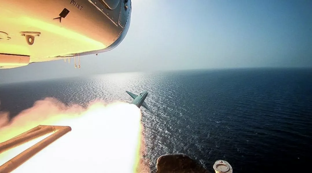 The Revolutionary Guard’s helicopter fires a missile (Sepahnews via AP)
