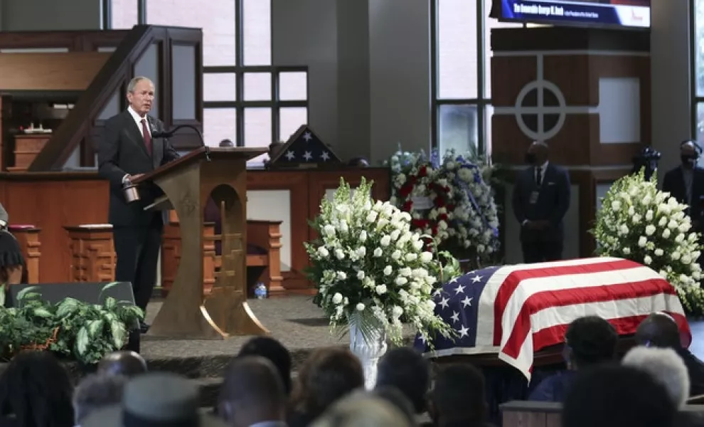 George W Bush speaks at John Lewis’s funeral (Alyssa Pointer/Atlanta Journal-Constitution via AP, Pool)