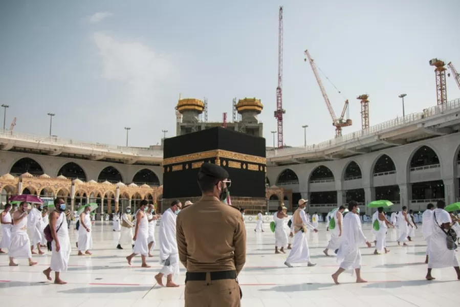 The 2020 Hajj has been socially distanced, in stark contrast to previous years (Saudi Ministry of Media via AP)