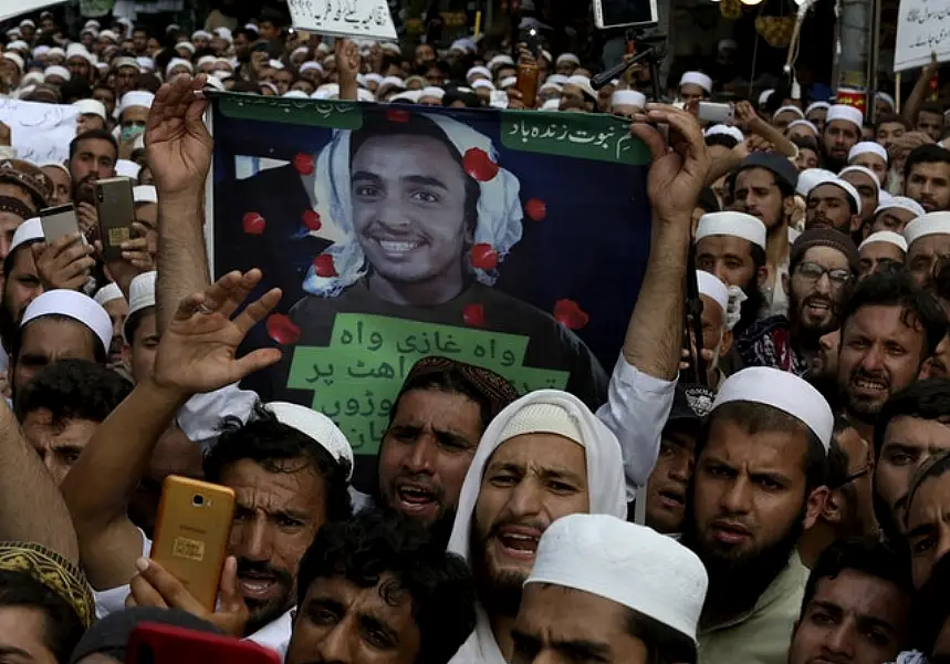 The rally favoured Khalid Khan, who gunned down Tahir Naseem in a courtroom in Peshawar (AP/Muhammad Sajjad)