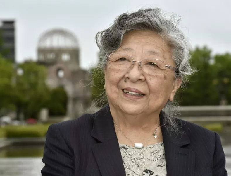 Koko Kondo speaks at Hiroshima Peace Memorial Park (AP)