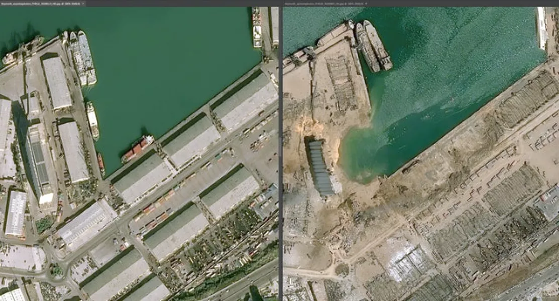 The docks before and after the huge blast in the Lebanese capital, Beirut (Cnes 2020, Distribution Airbus DS/PA)