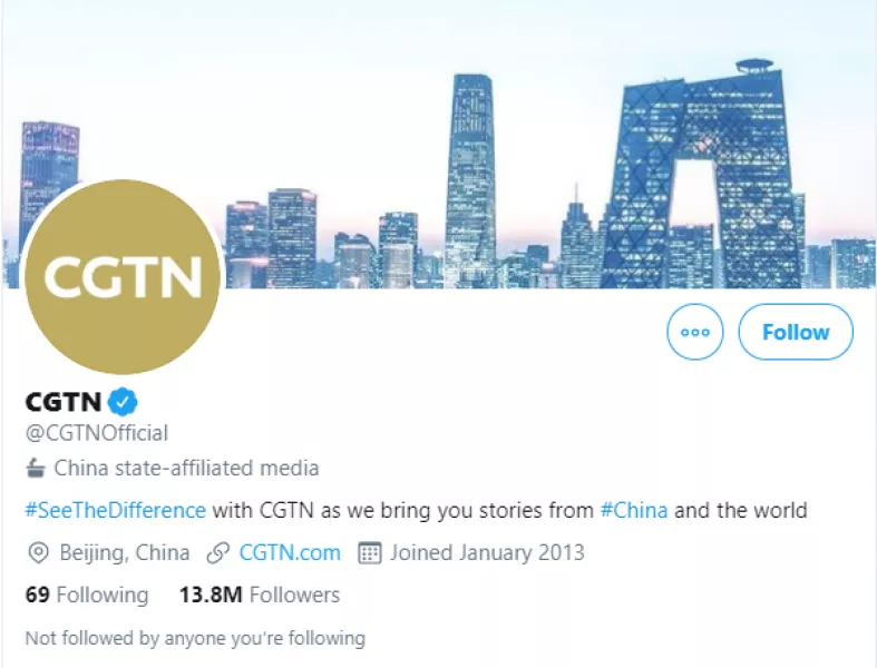 Example of the new label on China’s CGTN (Twitter/PA)