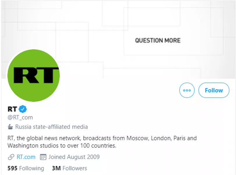 Example of the new label on Russia’s RT (Twitter/PA)