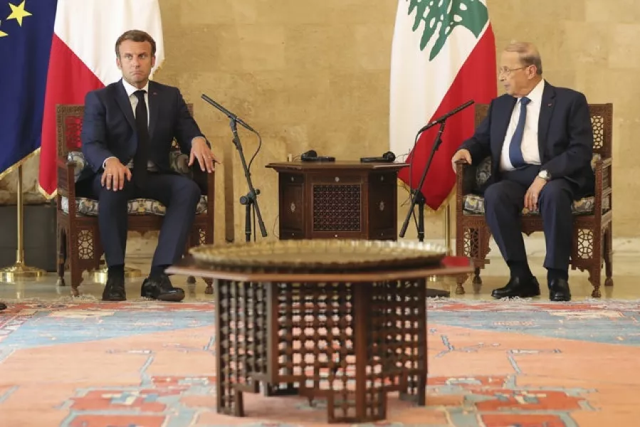 Lebanese President Michel Aoun with French President Emmanuel Macron (Thibault Camus/AP)