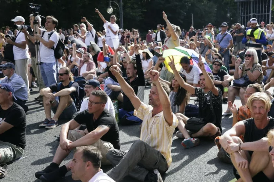 Thousands converged in Berlin to protest against Germany’s coronavirus restrictions (AP/Markus Schreiber)