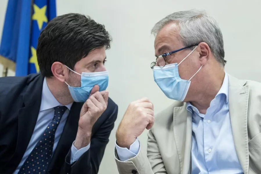 Italian health minister Roberto Speranza, left, with Dr Franco Locatelli, a key government adviser on the coronavirus pandemic (Roberto Monaldo/LaPresse via AP)