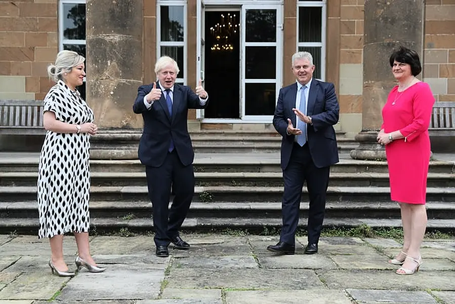 Michelle O’Neill, Boris Johnson, Brandon Lewis and Arlene Foster at Hillsborough Castle (Brian Lawless/PA) 