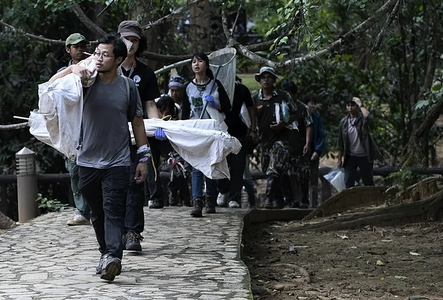 Researchers carry equipment to catch bats in a cave inside Sai Yok National Park in Kanchanaburi province (Sakchai Lalit/AP)