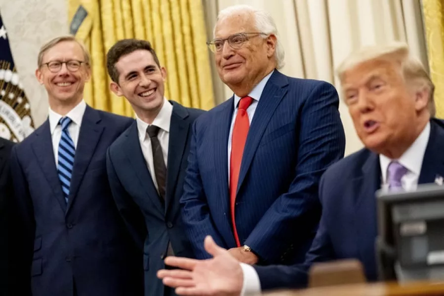 Donald Trump with (L to R), US special envoy for Iran Brian Hook, special representative for international negotiations Avraham Berkowitz, and US ambassador to Israel David Friedman, in the Oval Office at the White House (Andrew Harnik/AP)
