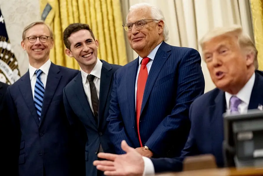 Donald Trump with (L to R), US special envoy for Iran Brian Hook, special representative for international negotiations Avraham Berkowitz, and US ambassador to Israel David Friedman, in the Oval Office at the White House (Andrew Harnik/AP)