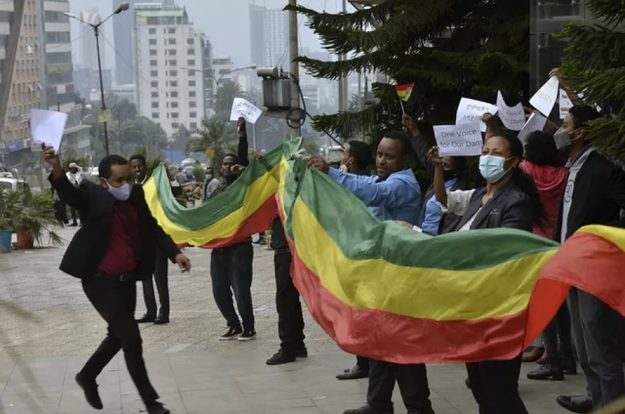 Ethiopians celebrate the progress made on the Nile dam, in Addis Ababa (Samuel Habtab/AP)