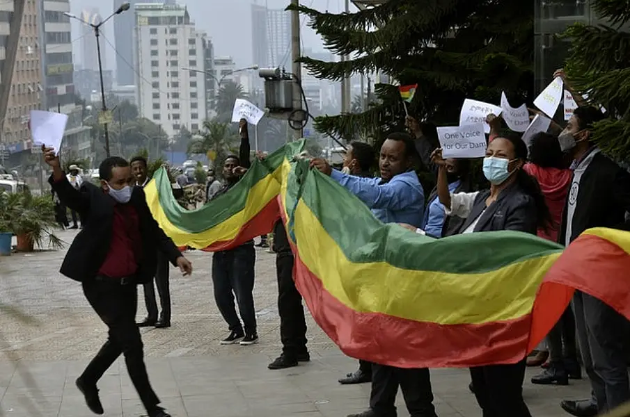 Ethiopians celebrate the progress made on the Nile dam, in Addis Ababa (Samuel Habtab/AP)