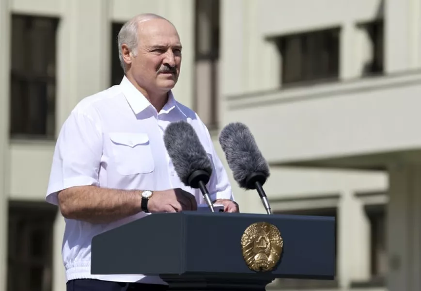 Belarus President Alexander Lukashenko addresses people gathered at the rally (Maxim Guchek/BelTA/AP)