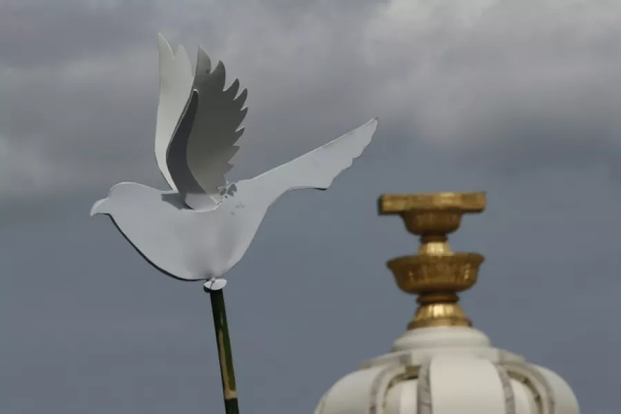 A dove representing peace is held by a pro-democracy student (Sakchai Lalit/AP)