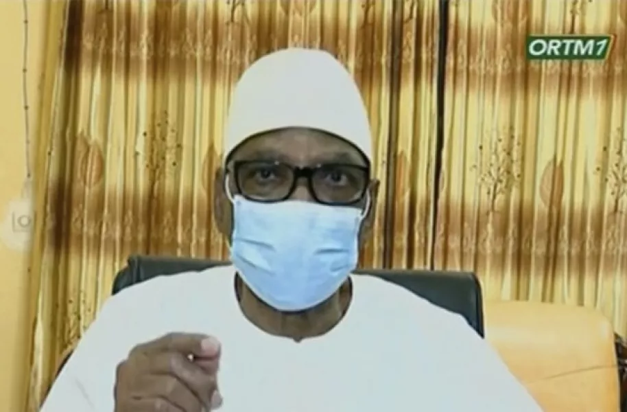 Ibrahim Boubacar Keita appears on state television to announce his resignation on Tuesday (ORTM TV via AP)
