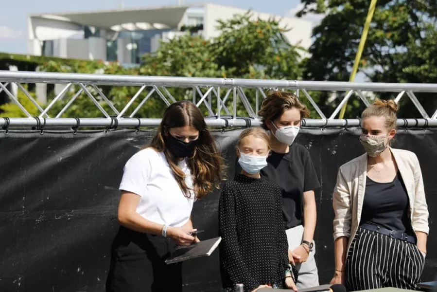 From left, Luisa Neubauer, Greta Thunberg, Anuna de Wever and Adelaide Charlier in Berlin, Germany (Markus Schreiber/AP)