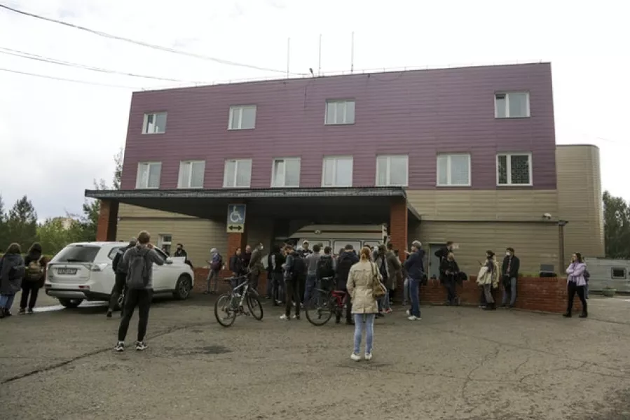 Journalists at the intensive care unit where Alexei Navalny was admitted in Omsk (Evgeniy Sofiychuk/AP)