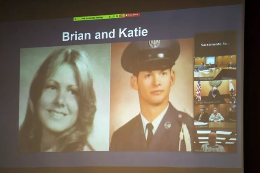 A photo of Katie Maggiore and Brian Maggiore is projected on the screen as Katie’s brother Ken Smith makes a statement in front of Joseph James DeAngelo during the third day of victim impact statements (Santiago Mejia/AP)