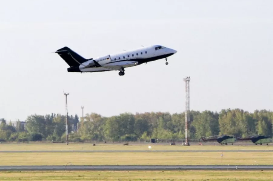 A German special medical plane takes off with Russian opposition leader Alexei Navalny on the board from an airport in Omsk on Saturday (Evgeniy Sofiychuk/AP)