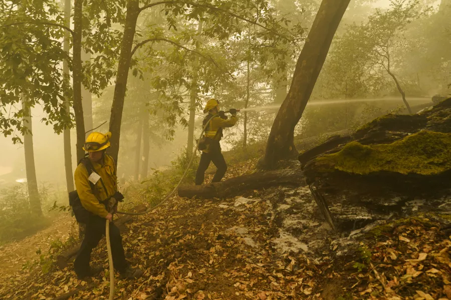 Firefighters hose down hot spots in Boulder Creek (Marcio Jose Sanchez/AP/PA)