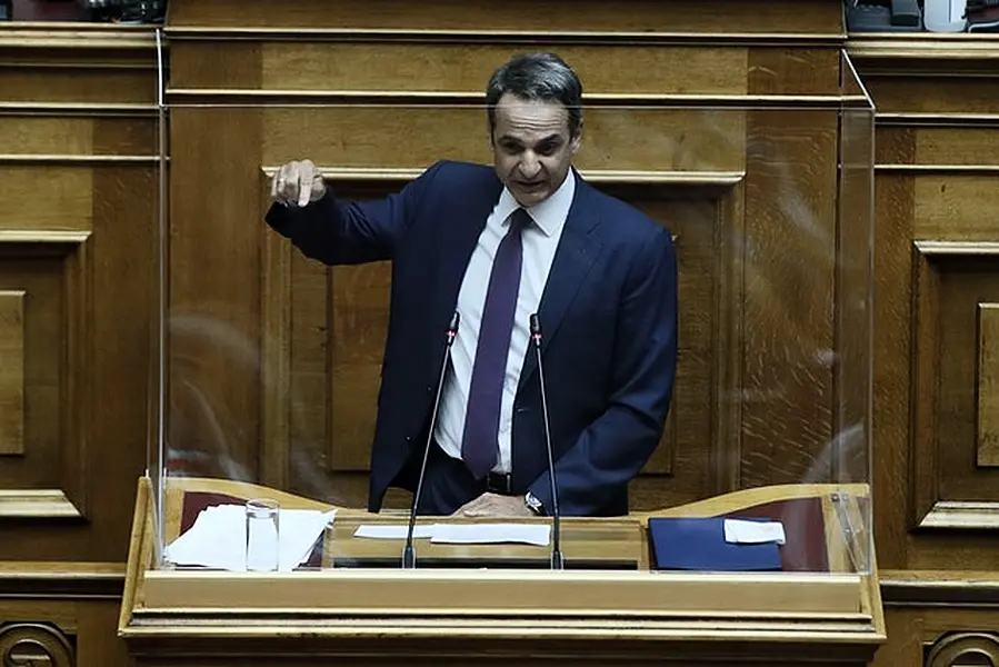 Prime Minister Kyriakos Mitsotakis addresses the Greek parliament (AP/Thanassis Stavrakis)