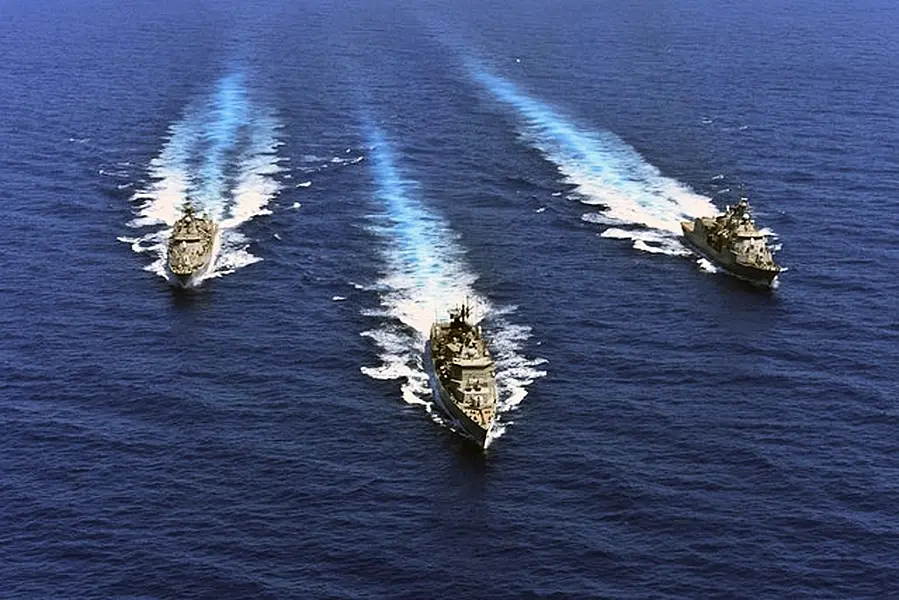 Warships take part in a military exercise in the eastern Mediterranean sea (Greek Defense Ministry via AP)