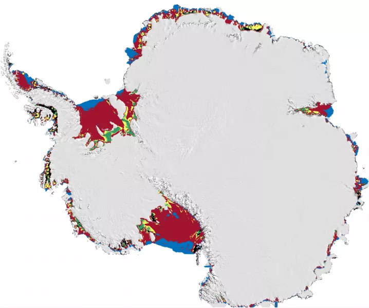 A map of Antarctica with the vulnerable areas of ice shelf marked in red (Nature 2020/PA)