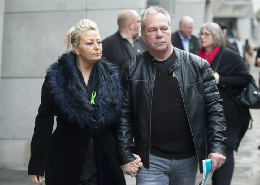 Harry Dunn’s mother Charlotte Charles and stepfather Bruce Charles, pictured outside the Ministry Of Justice in London, continue to push for the prosecution of Anne Sacoolas in the UK (David Mirzoeff/PA)