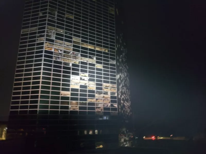 A high-rise building was badly damaged in the storm as it hit Lake Charles, Louisiana (Stephen Jones via AP)