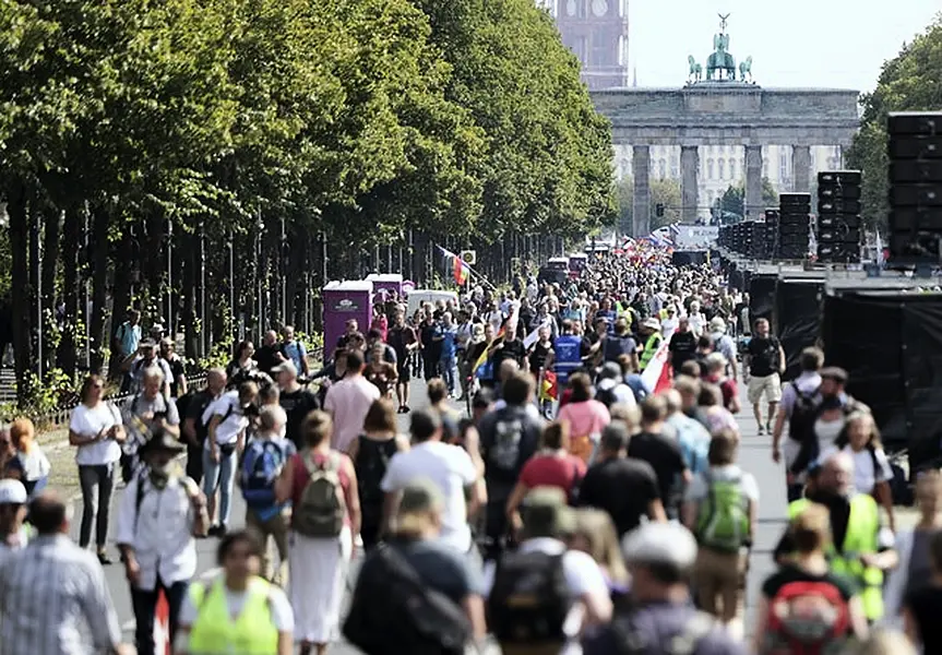 The protest rally in Berlin on Saturday (Michael Sohn/AP)