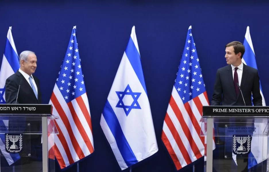 Israeli Prime Minister Benjamin Netanyahu, left, and White House adviser Jared Kushner (Debbie Hill/Pool Photo via AP)