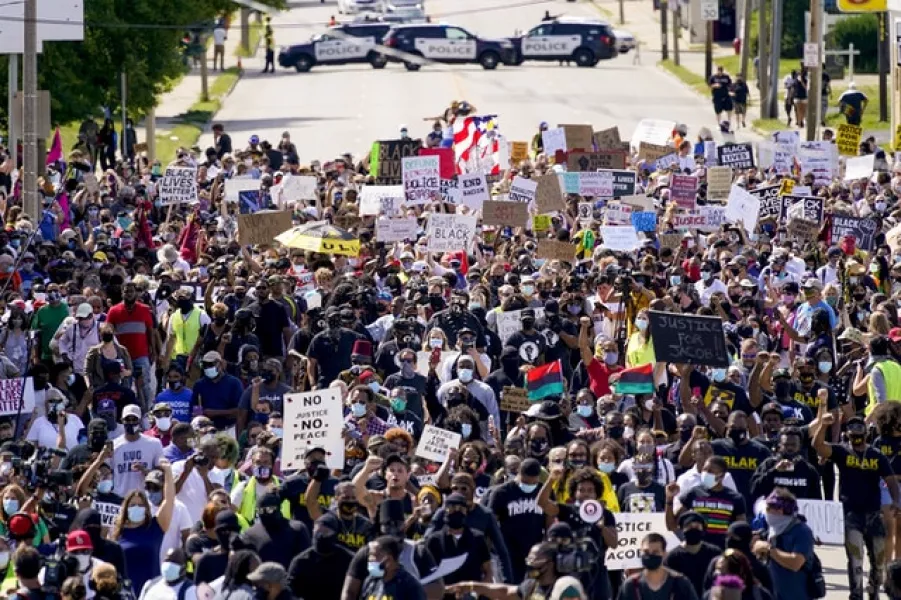 Hundreds march at a rally for Jacob Blake in Kenosha, Wisconsin (AP/Morry Gash)
