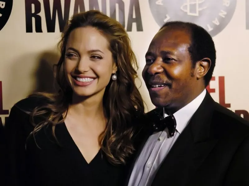 Rusesabagina with actress Angelina Jolie at the premiere of Hotel Rwanda (AP/Chris Pizzello, File)