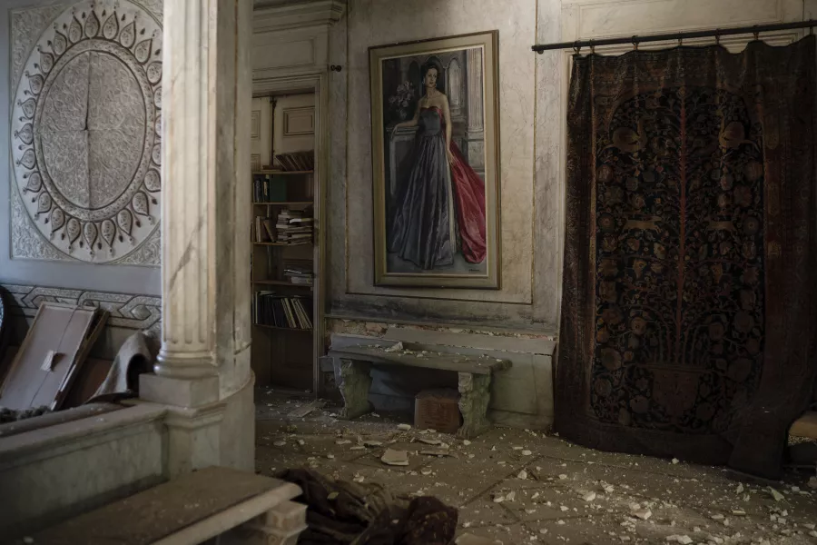 Debris from the ceiling and walls cover the floor of a room in the Sursock Palace (Felipe Dana/AP)