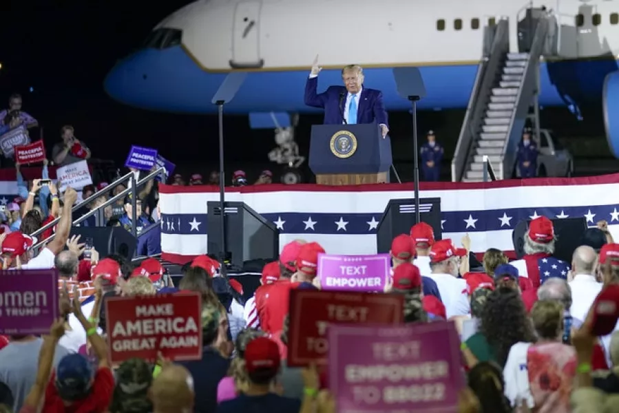 President Donald Trump addresses a crowd at a campaign event at the Arnold Palmer Regional Airport. Photo: Keith Srakocic/AP