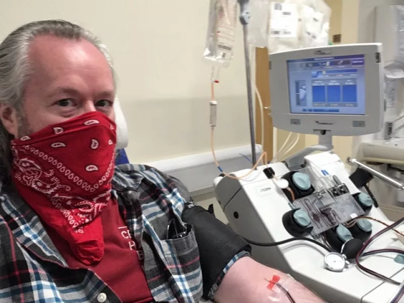 Paul Carey Jones donates convalescent plasma in Tooting, London (NHS Blood and Transplant/PA)