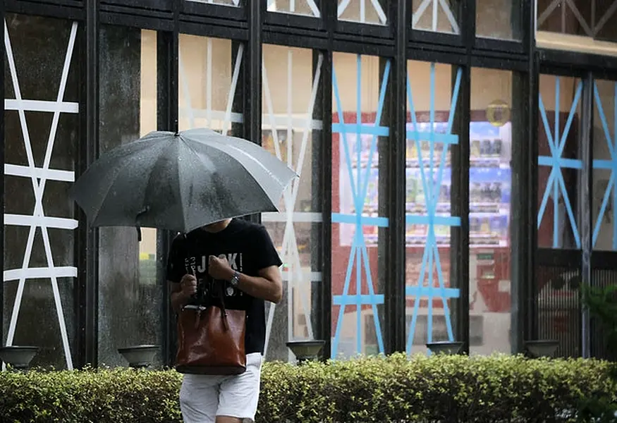 The windows of a hotel are taped up in preparation for approaching Typhoon Haishen in Kagoshima city, south-western Japan (Takuto Kaneko/Kyodo News/AP)