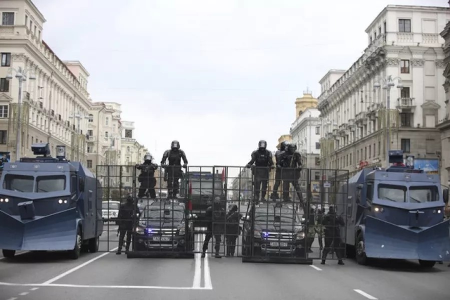 A police barricade blocks a street during an opposition rally in Minsk (AP/TUT.by)