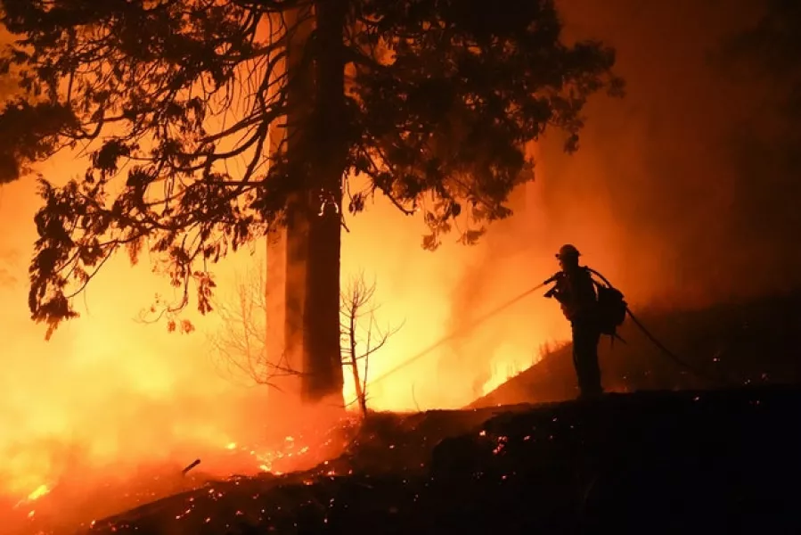 A firefighter tackles the Creek Fire in Big Creek, California (Marcio Jose Sanchez/AP)