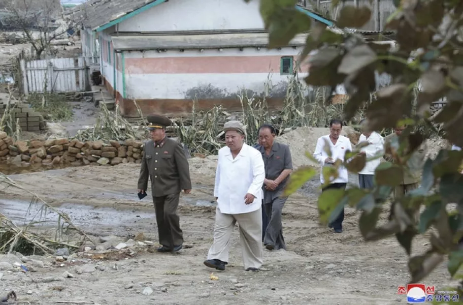 North Korea leader Kim Jong Un visits a damaged area in South Hamgyong province (Korean Central News Agency/Korea News Service via AP)