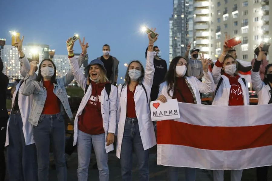 Belarusian medical workers join a rally in support of Maria Kolesnikova (AP)