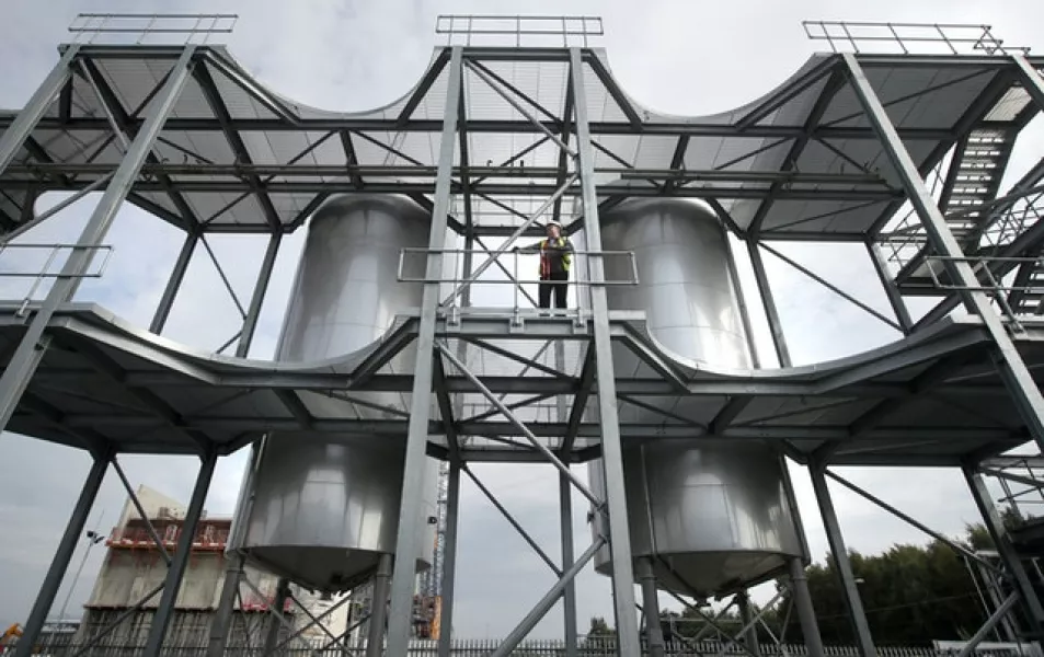 Jim Small, senior project manager, stands on the fermenter platform at Celtic Renewables’ new biorefinery plant in Grangemouth (Andrew Milligan/PA)