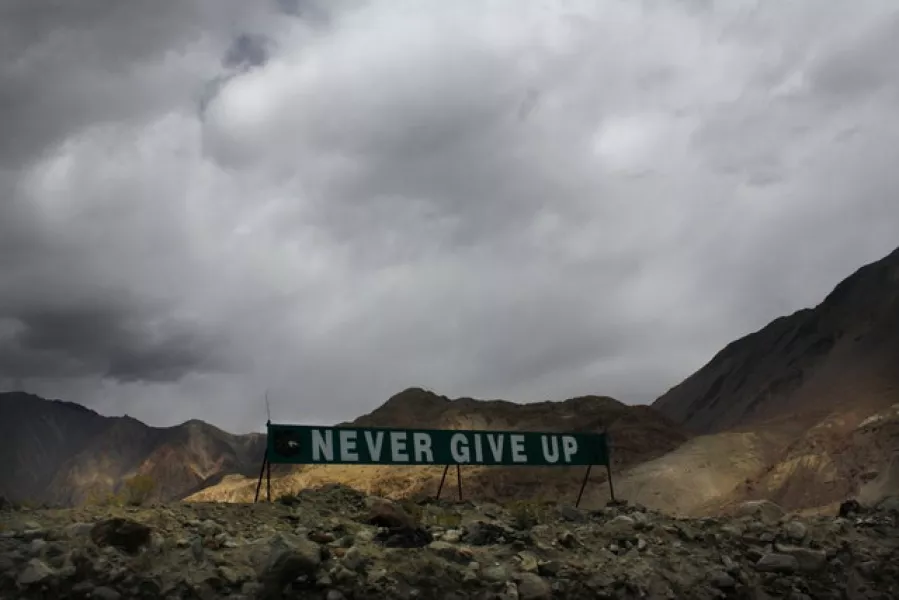 A banner erected by the Indian army stands near Pangong Tso lake near the India-China border in India’s Ladakh area (Manish Swarup/AP)