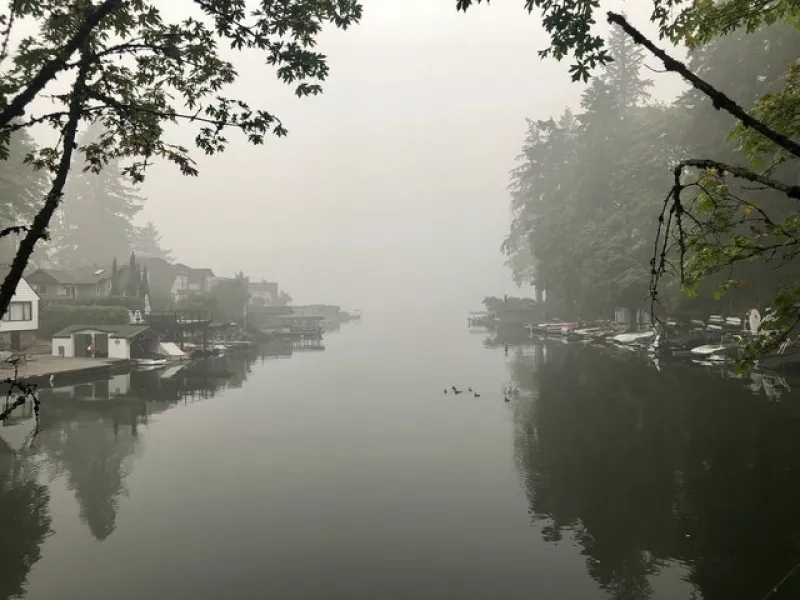 Oswego Lake in Oregon is almost completely obscured by wildfire smoke (Gillian Flaccus/AP)